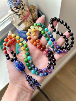 Kaleidoscope - Lapis Lazuli + Rainbow Gemstone 108 Mala Necklace - Lapis Lazuli + Black Spinel Beaded Tassel (40