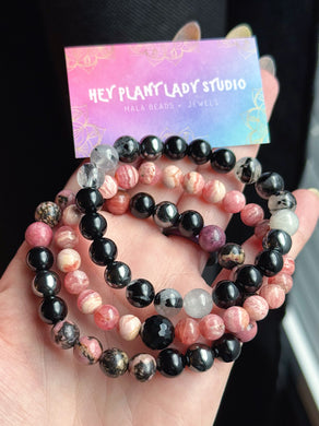 Quiet Strength (3) Bracelet Set- Rhodochrosite + Rhodonite + Onyx + Tourmalated Quartz + Hematite Gemstone Stretch Mala Bracelets