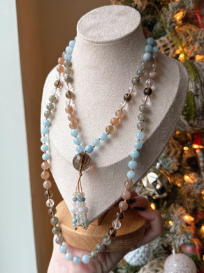Child of the Cosmos - Smoky Quartz Focal - 108 Mala Necklace - Diamond cut Aquamarine & Moonstone tassel