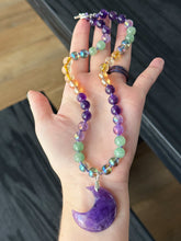 Load image into Gallery viewer, Rich Witch - 16” Choker  - 8mm - Aura Quartz, Green Aventurine, Aura Amethyst, Amethyst, Citrine, Aura Quartz - Amethyst Moon Focal