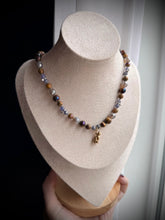 Load image into Gallery viewer, Twilight Familiar - 16” Choker - Mystic Tigers Eye, Tanzanite, Mystic Grey Agate + Italian Bronze Cat Focal + Silver Stars