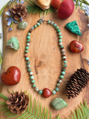 Crimson & Clover - 16”- 8mm Chrysoprase + Red Jasper Heart