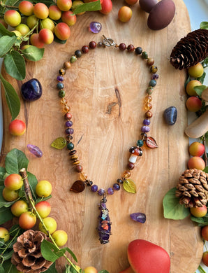 Grimtoad Hallow - 17” Choker - Amethyst Pumpkins, Citrine, Smoky Quartz, Unakite Hearts, Jasper, Tigers Eye - Mushrooms & Leaves + Wire wrapped rainbow Amethyst Point
