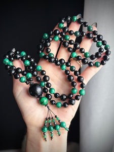 Witch’s Ward - 8mm Onyx, Malachite, 10mm Onyx - 108 Mala Necklace - Onyx + Tigers Eye Focal - Gemstone Beaded Tassel