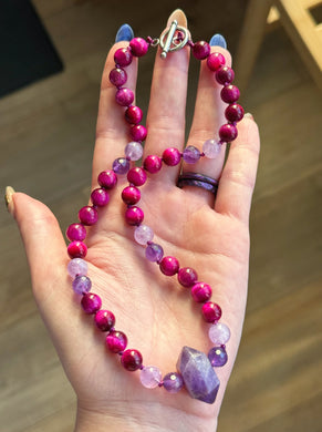 RESERVED - 16” Choker  - 8mm Pink Tigers Eye, Amethyst, Lavender Amethyst - Amethyst Focal