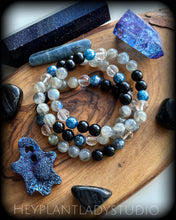 Load image into Gallery viewer, Wish Upon a Star - Onyx , Mystic Blue Agate, Labradorite, Clear Quartz - Stretch Mala Bracelet
