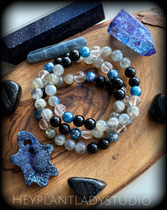 Wish Upon a Star - Onyx , Mystic Blue Agate, Labradorite, Clear Quartz - Stretch Mala Bracelet