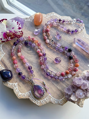 Spring Renewal  - Garden Quartz + 8mm Hematoid Amethyst, Strawberry Quartz, Lavender Amethyst, Rhodonite in Quartz & Sunstone Mala Necklace 108