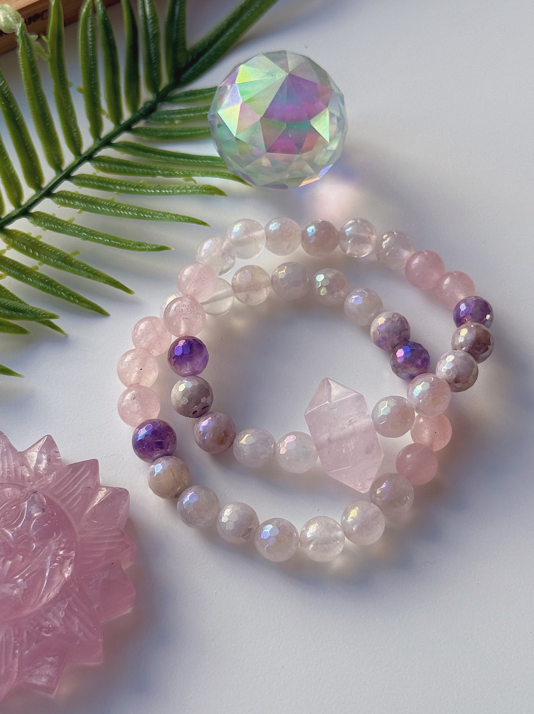 Heartstrings - (2) Bracelet Set  -  Mystic Rose Quartz, Aura Rose Quartz, Natural Rose Quartz, Mystic Amethyst 8mm