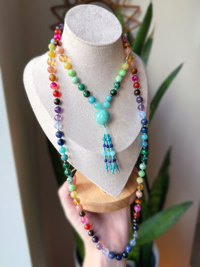 RESERVED - Rainbow Gemstone 108 Mala Bead Necklace - Amazonite Guru - Amazonite + Apatite + Lapis - Beaded Tassel (40