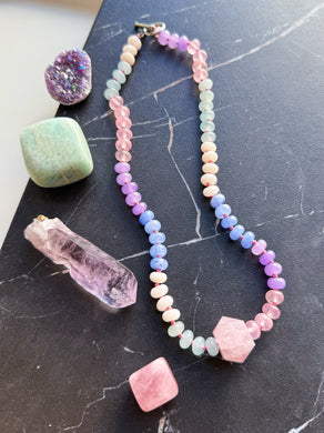Sugar Blossom - 16” Necklace - Rose Quartz Point & 8mm Candy Jade Rondelle