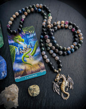 Load image into Gallery viewer, Air Dragon Guardian - 108 Meditation Necklace - 8mm Obsidian, Moonstone, Teal Apatite, Fluorite, Grey Chalcedony, Phantom Quartz, Iolite, Larvikite, Dumortierite - Dragon Focal