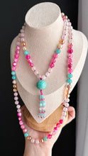 Load image into Gallery viewer, Flamingo Soirée - 8mm -Pink fire Agate, Amazonite, Aura Citrine, Champagne Aura Quartz, Aura Rose Quartz, - 108 Mala Necklace - Amazonite Focal