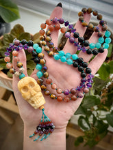 Load image into Gallery viewer, Skull Island - 8mm - Amethyst, Sunstone, Amazonite, Phosphosiderite, Onyx, Mystic Tigers Eye, Bodhi Seed - 108 Mala Necklace - Carved Bone Skull Focal