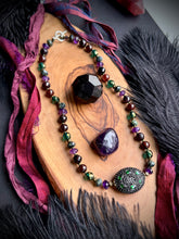 Load image into Gallery viewer, High Priestess - 16” Choker - 8mm Amethyst, Brazilian Garnet, Hessonite Garnet, Kambaba Jasper, Czech Glass + Black Emerald CZ Focal
