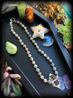 Wish Upon a Star - 15” Choker - Faceted Labradorite - Clear Quartz Pendant