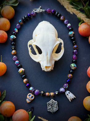 🔮 Witching Hour - 16” Choker - Amethyst, Mystic Tigers Eye, Onyx, Hematite - Artisan Ceramic Skull, Spider Web, & Ghost Charms