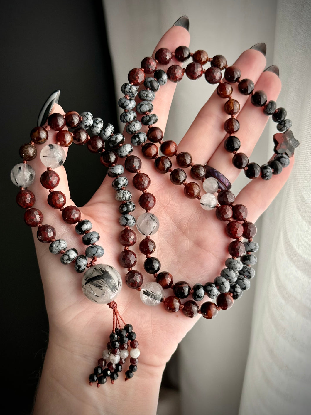 Vampira - 8mm Apple Jasper, Snowflake Obsidian, Hessonite Garnet, Tourmaline in Quartz, Tigers Eye, Jasper Star - 108 Mala Necklace - Tourmaline in Quartz Focal