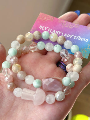 Pixie Hollow - SET of Two - Pink Shell + Rose Quartz Mushroom - 8mm Mystic Moonstone, Mystic Strawberry Quartz, Green Moonstone, Rose Quartz, Mystic Golden Healer - Gemstone Stretch Bracelets