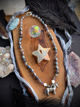 Load image into Gallery viewer, Head in the Clouds - 18” Necklace 8mm Peacock Pearls, Tanzanite, Iolite, Mystic Silverite, Mother of Pearl Stars, Czech Glass + Pewter Unicorn Focal