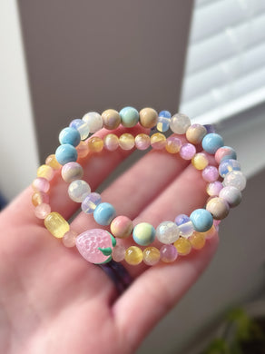 Sugar Stack - (2) Bracelet Set  - 8mm Watercolor Agate, Mystic Rose Quartz, Opalite, 6mm Selenite, Strawberry Accent