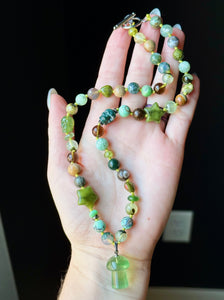 RESERVED - Ghostly Mist - 19” Necklace - Indian Agate Skulls, Green Jade Stars, Green Fluorite Mushroom