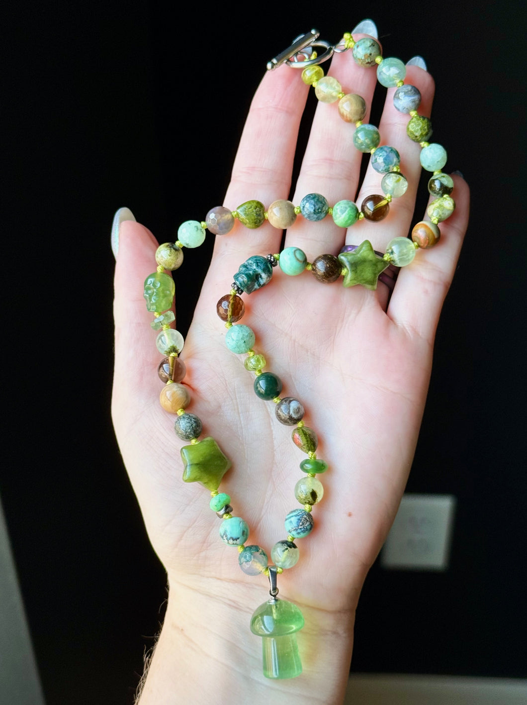 RESERVED - Ghostly Mist - 19” Necklace - Indian Agate Skulls, Green Jade Stars, Green Fluorite Mushroom