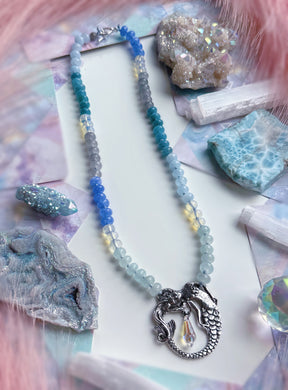 Mermaids Treasure - 19” Necklace - 8mm Candy Jade & Opalite - Pewter Mermaid & Swarovski Crystal