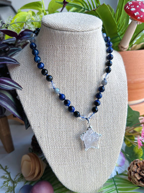 Starfall - 16” Choker - Labradorite + Onyx + Blue Tigers Eye + Quartz Star Pendant