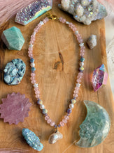Load image into Gallery viewer, Sandcastle - 19” Necklace - 8mm Rose Quartz, Mother of Pearl Stars, Czech Glass + Shell Focal