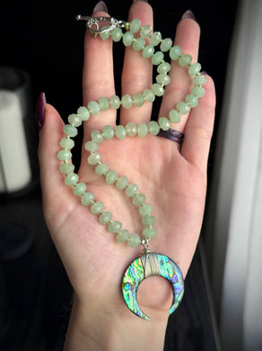 Ocean Moon - 17” Necklace 8mm Green Aventurine + Abalone Shell Crescent Focal