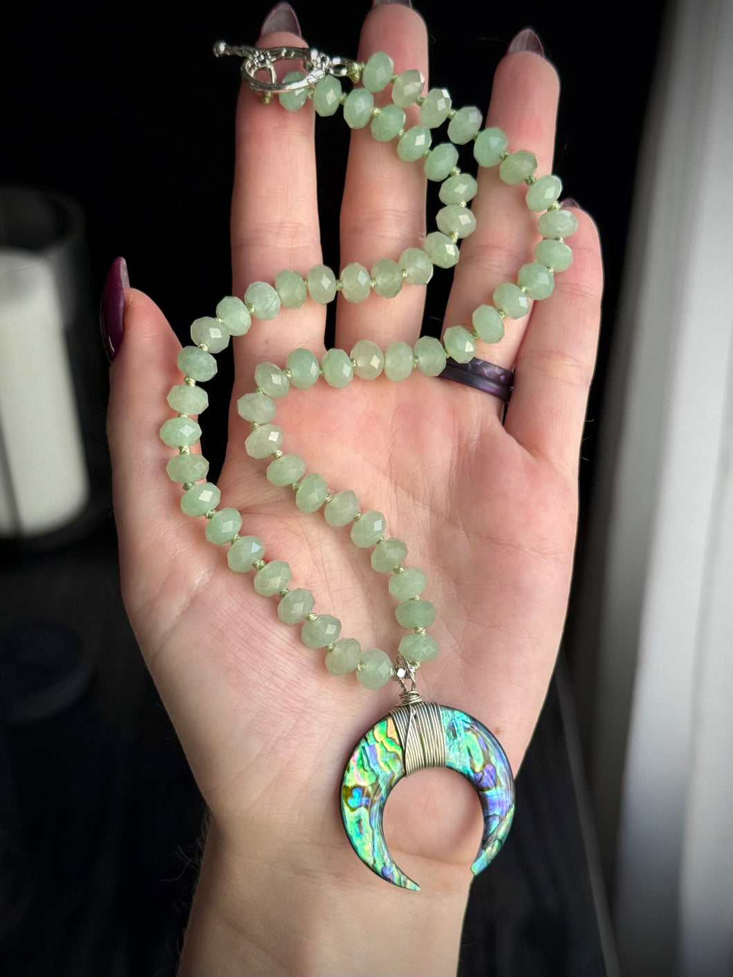 Ocean Moon - 17” Necklace 8mm Green Aventurine + Abalone Shell Crescent Focal