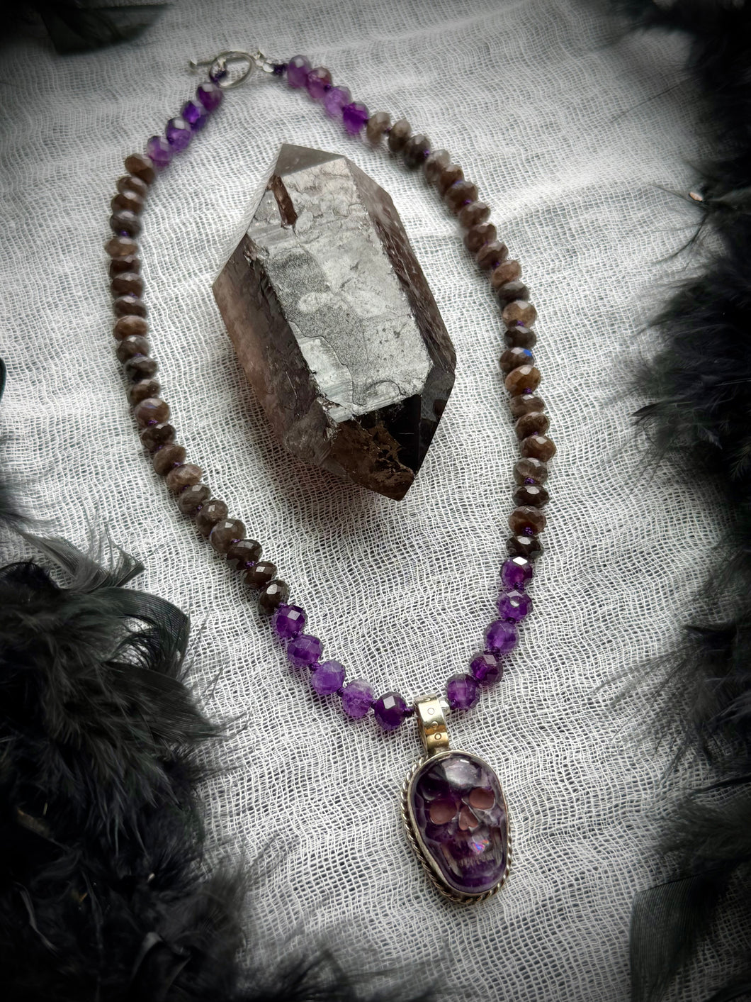 💀Violet Ossuary - 16” Choker - 8mm - Labradorite + Amethyst Rondelle + Amethyst Skull Focal