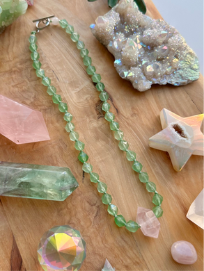 Fairy Dust - 15” Choker - Green Chalcedony - Rose Quartz Pendant