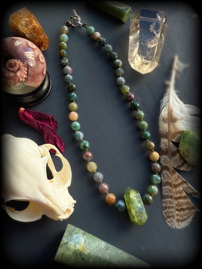 Prehnite Focal - 16” Choker - 8mm Faceted Indian Agate