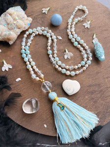 Starlight Waves - Fire and Ice Quartz, Aqua Mystic Agate - Quartz Focal - Abalone Shell Moon Accent (6-8mm)108 Mala Bead Necklace