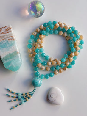 Shell & Sea - 108 Mala Necklace - Amazonite & Mother of Pearl - Amazonite Focal