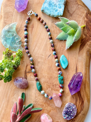 Soak Up the Sun 16” Choker - 8mm Galaxy Jasper + Turquoise Accent + Rose Quartz Pendant