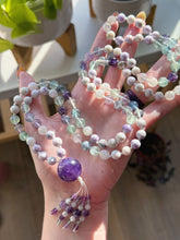 Load image into Gallery viewer, Calm &amp; Clarity - Purple Howlite, Rainbow Fluorite, Mystic Rose Quartz - 108 Mala Necklace - Amethyst Focal