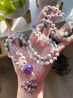 Calm & Clarity - Purple Howlite, Rainbow Fluorite, Mystic Rose Quartz - 108 Mala Necklace - Amethyst Focal