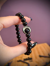 Load image into Gallery viewer, Reserved - Midnight Crescent Bracelet - 8mm Onyx + Mother of Pearl - Stretch Mala Bracelet
