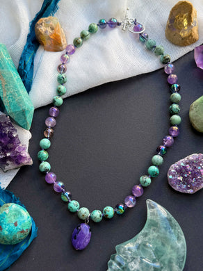 Inner Vision - 17” Choker  - 8mm - African Turquoise, Aura Amethyst, Aura Quartz - Oval Charoite Focal