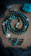 Load image into Gallery viewer, Ancient Storm - 108 Mala Necklace - 8mm Bloodstone, Apatite, Dumortierite, Larvikite, Clear Quartz, Onyx, Eagles Eye - Clear Quartz Focal