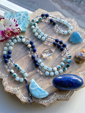 Calm + Protected - Larimar Moon + 8mm Aquamarine, Lapis Lazuli, Nakaurite, Clear Quartz 108 Mala Necklace