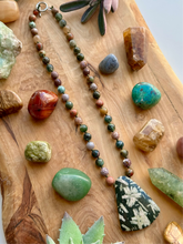 Load image into Gallery viewer, Bamboo Forest - 18” Choker - Green Opal + Ocean Jasper + Moss Agate + Unakite + Aventurine + African Turquoise - Bamboo Leaf Jasper Pendant