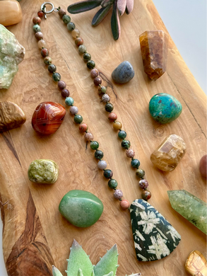 Bamboo Forest - 18” Choker - Green Opal + Ocean Jasper + Moss Agate + Unakite + Aventurine + African Turquoise - Bamboo Leaf Jasper Pendant