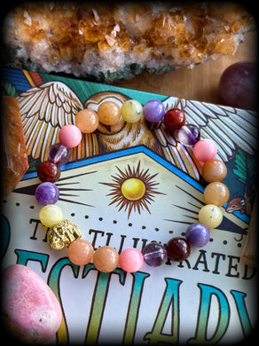 Tropicana - Gold Filled Elephant - 8mm Velvet Fluorite + Pink Mother of Pearl + Peach Aventurine + Yellow Opal + Hematoid Amethyst + Hessonite Garnet  - Gemstone Bracelet