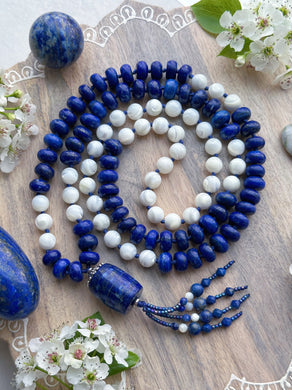 Midnight Skies - 10mm Lapis Rondelle, 8mm Mother of Pearl, Lapis Focal - 108 Mala Bead Necklace
