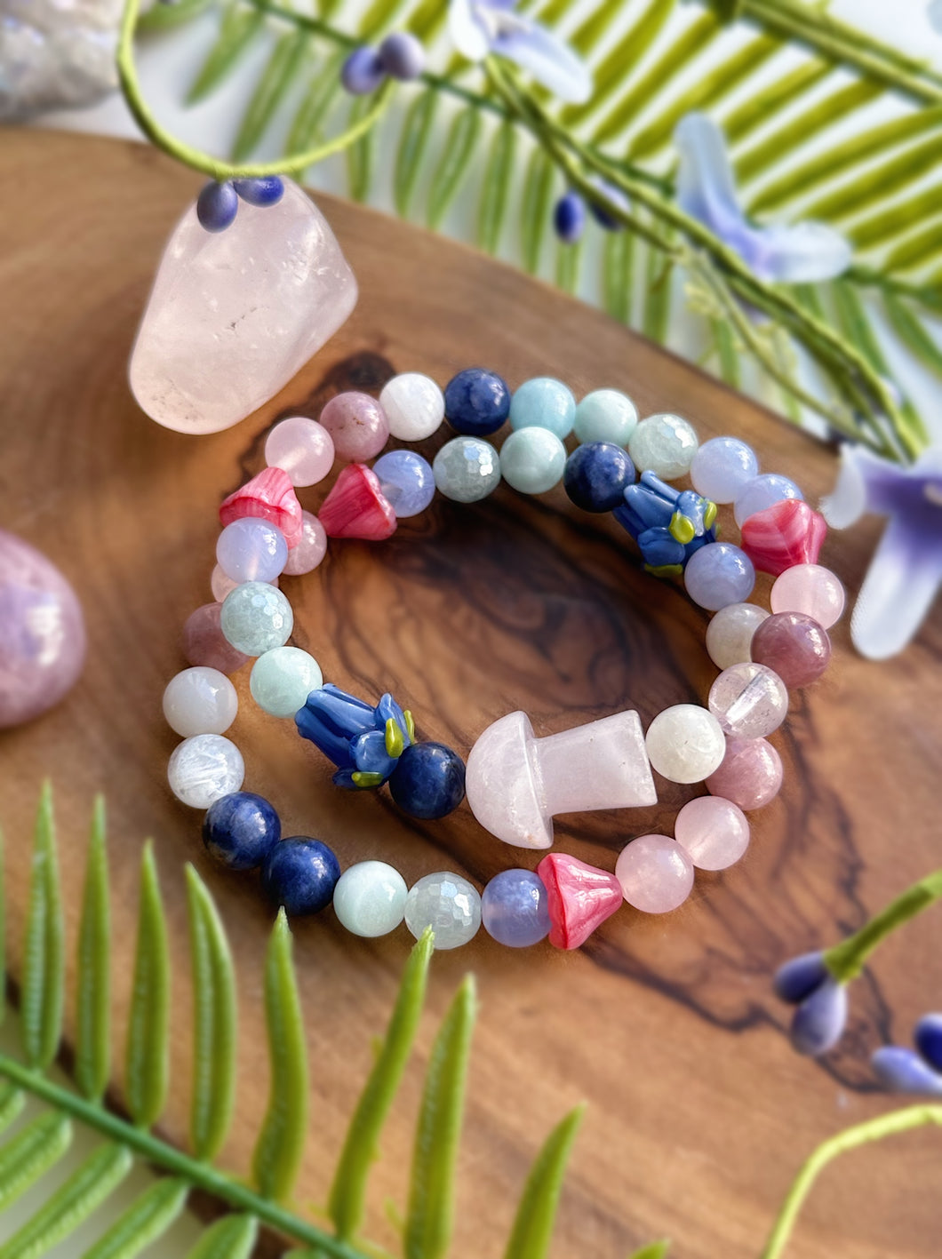 Candytuft SET of Two - Stretch 8mm Bracelets - Mushroom Rose Quartz, Blue Lampwork Flowers.