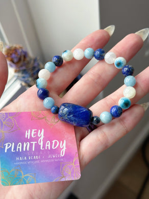 Eye of Horus - Lapis Focal -8mm Aquamarine + Lapis Lazuli + Rainbow Moonstone + Nakaurite - Gemstone Bracelet